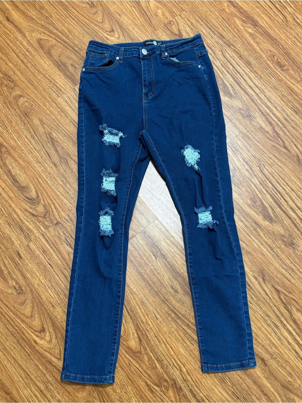 Boohoo Blue Dark Wash Distressed Skinny Jeans High Waisted Women’s Size 8